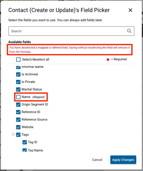 How to Add/Remove Fields under Objects on the Mapping Screen